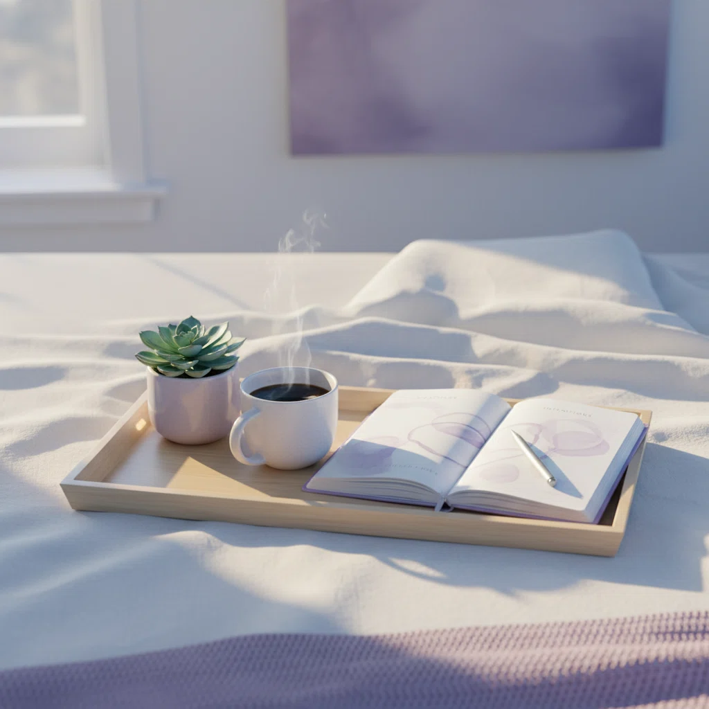 Serene morning wellness scene with coffee mug, small plant and open journal on a wooden tray